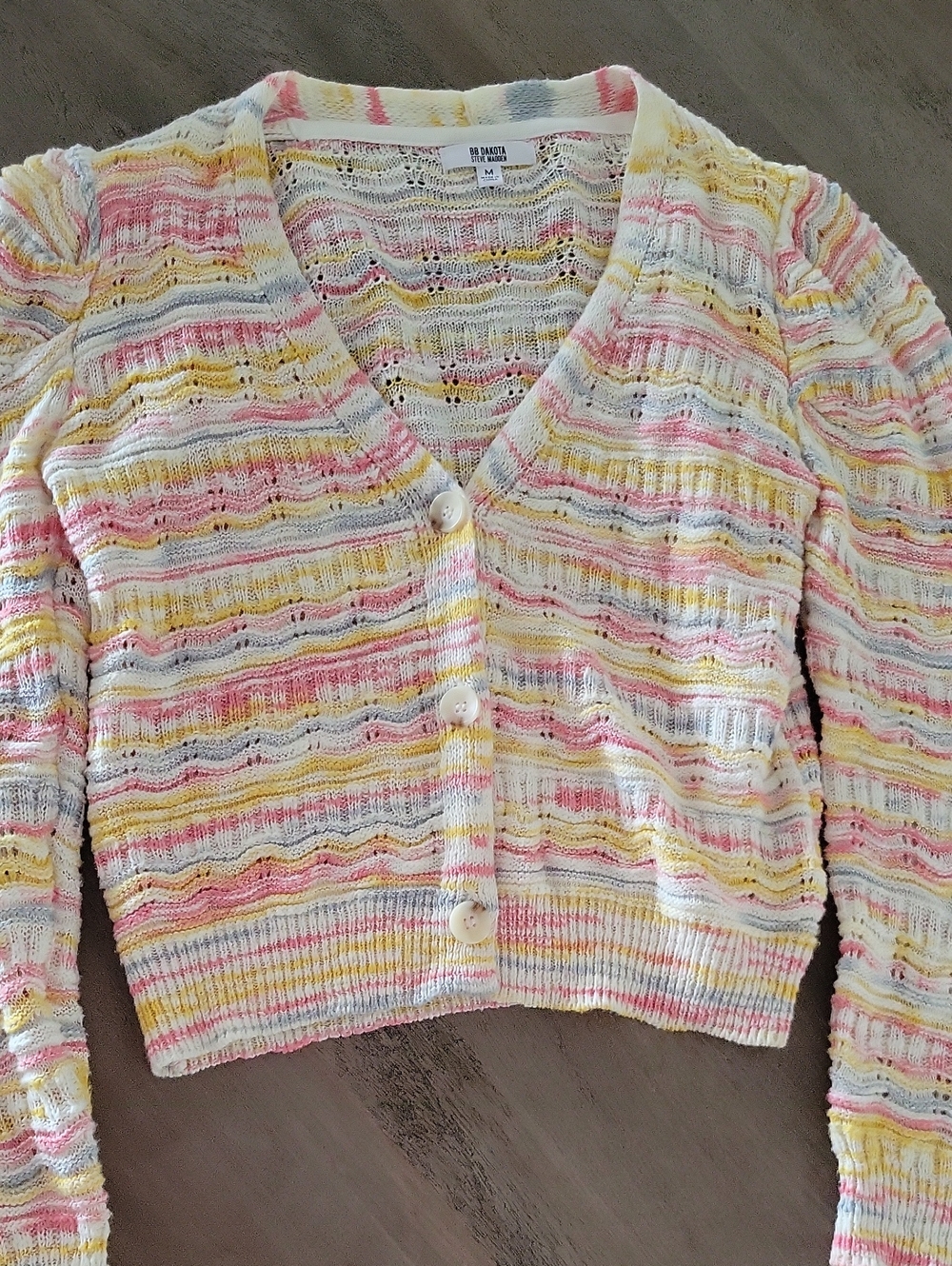 BB Dakota Steve Madden Pastel Striped V-Neck Cardigan in Pink, Yellow & Cream